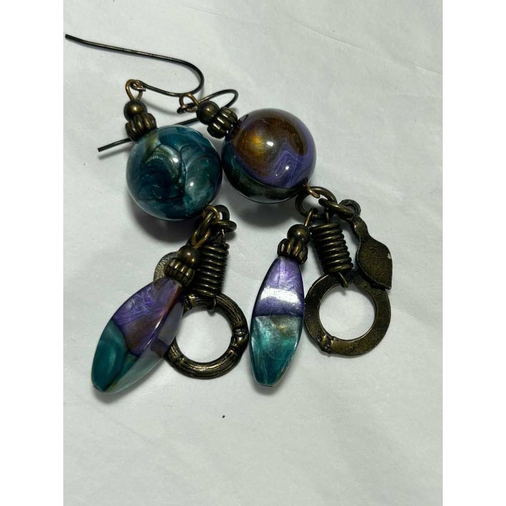 Boho Artisan‎ Dangle Earrings Teal Purple Marbled Resin Antique Brass Wire Wrap